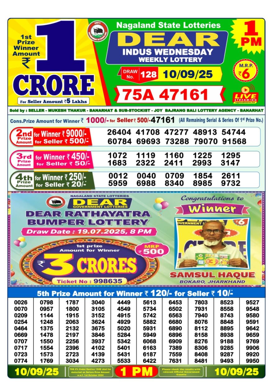 Nagaland Lottery Sambad Morning 1 PM 10/09/25