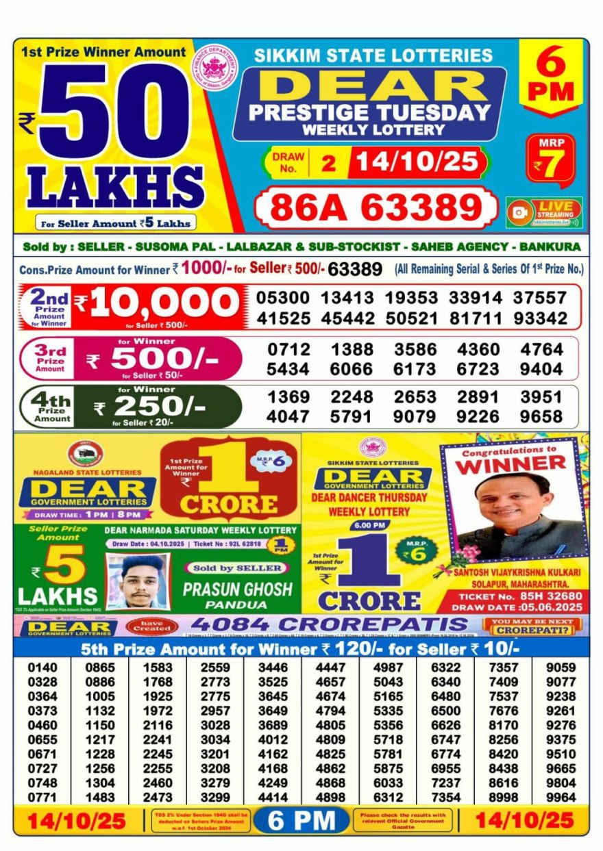 Sikkim State Lottery Sambad Result Today 6PM Dear Lottery Live 14/10/25