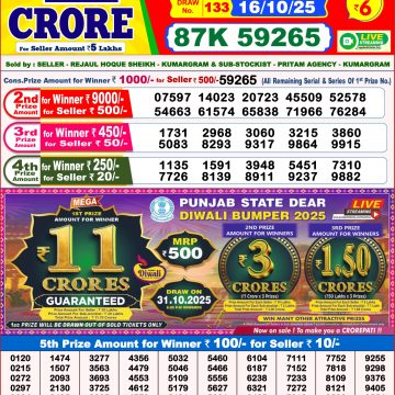 Dear Lottery Result Today 8 p.m. Nagaland State Live Draw 16/10/25