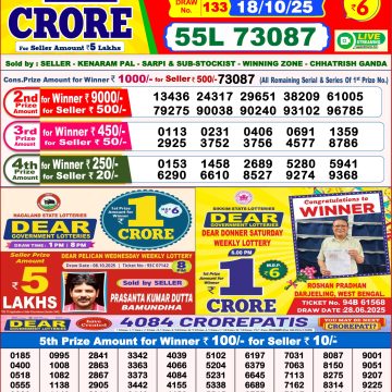 Dear Lottery Result Today 8 p.m. Nagaland State Live Draw 18/10/25