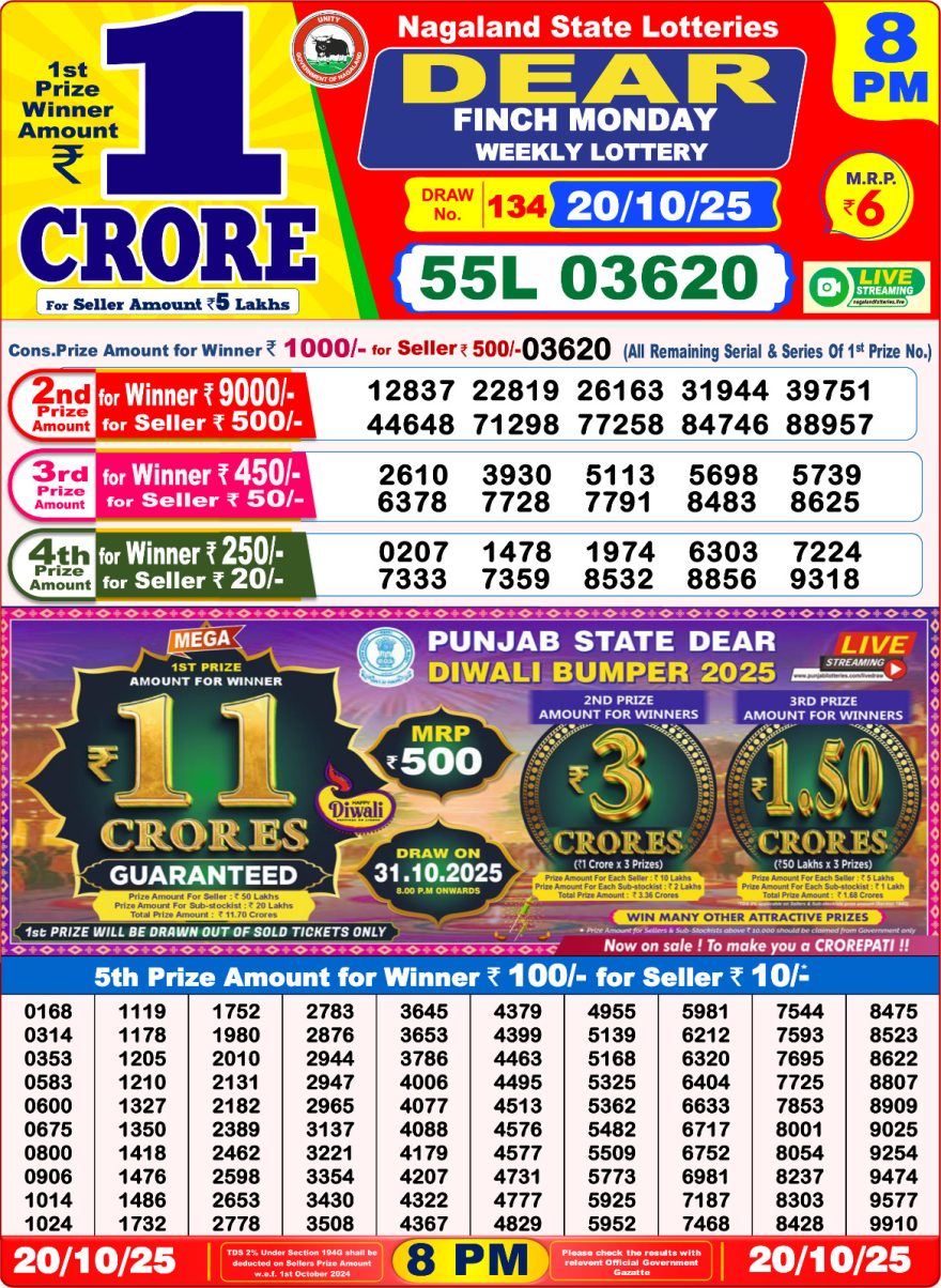 Dear Lottery Result Today 8 p.m. Nagaland State Live Draw 20/10/25