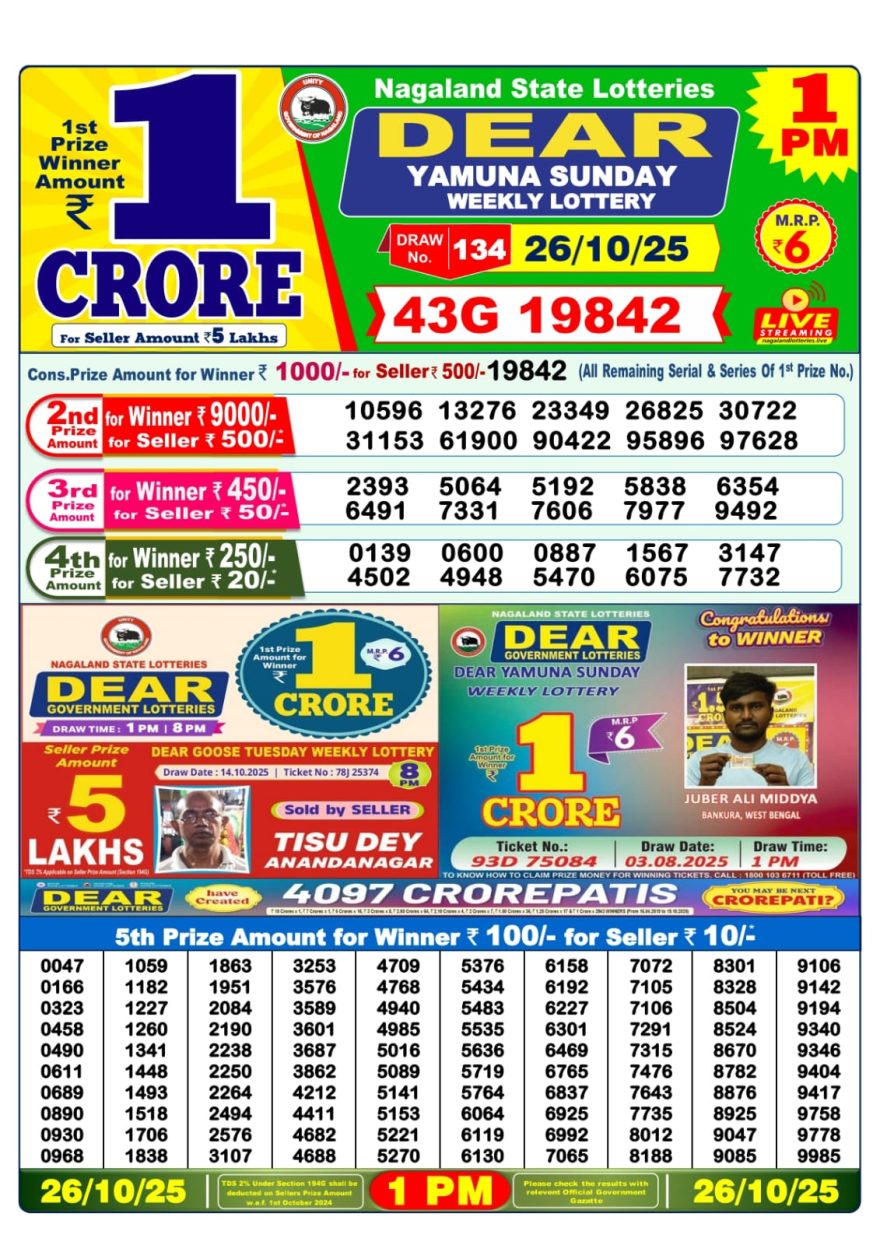 Lottery Sambad 1 PM Result Today 26/10/2025 Dear Morning Live PDF