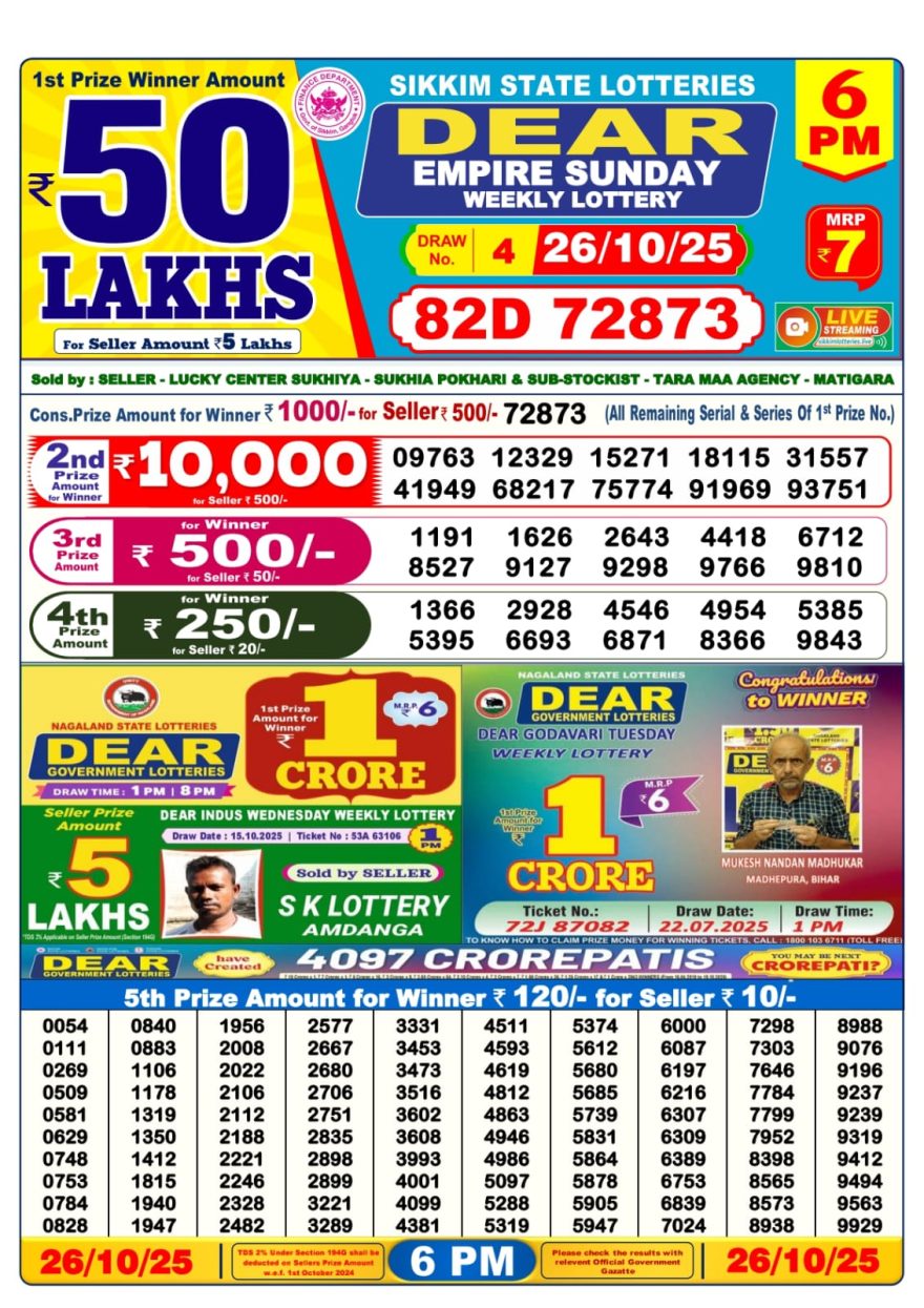 Dear Lottery Sambad 6 PM Result Today 26/10/2025 Sikkim State