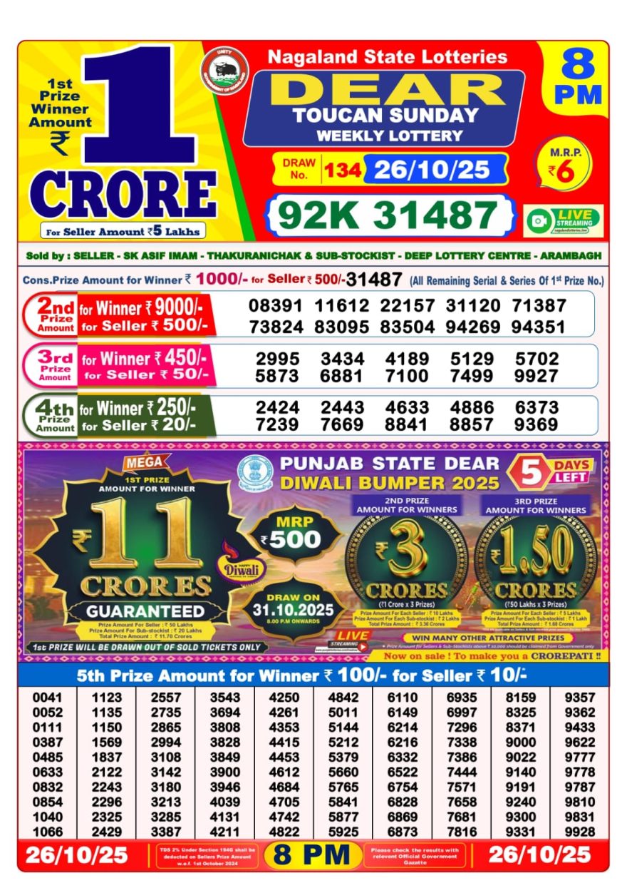 Lottery Sambad 8 PM Result Today 26/10/2025 Dear Night Live