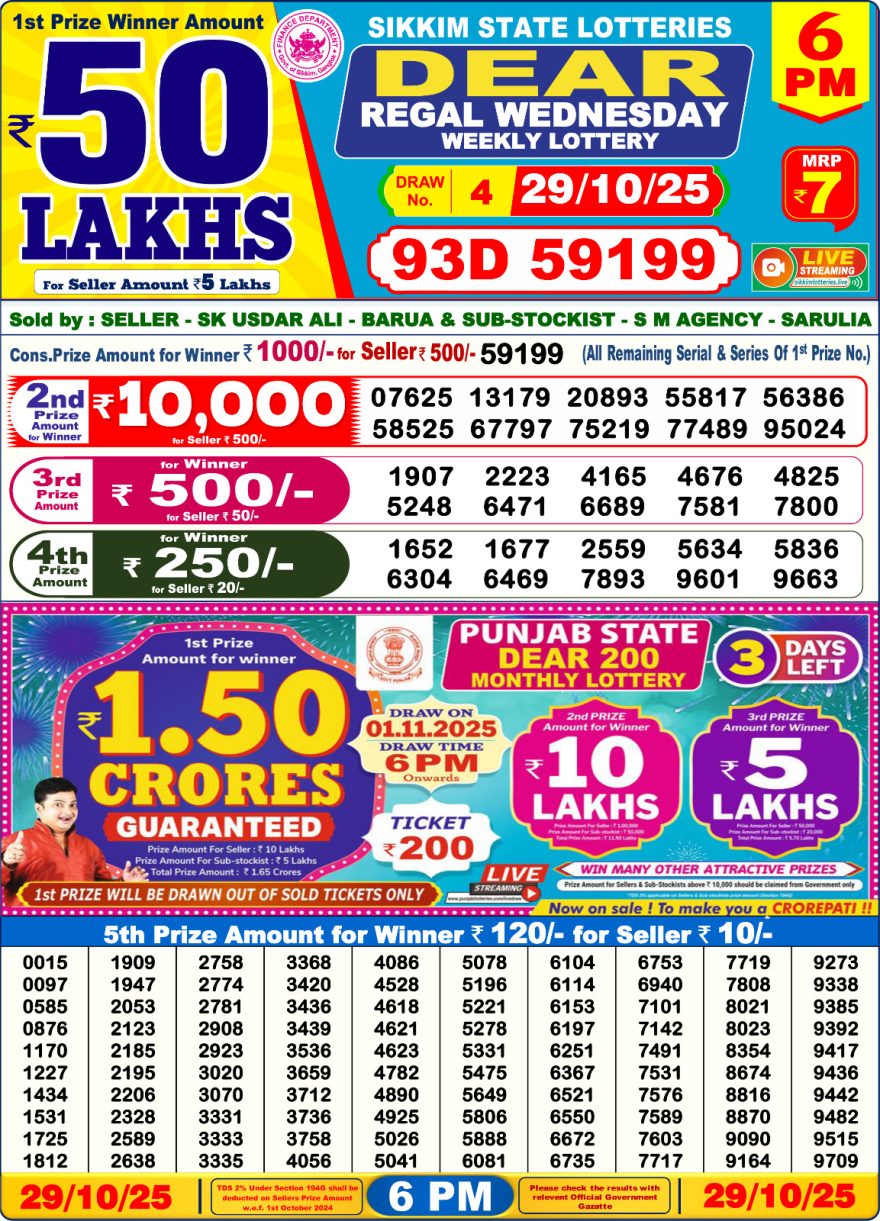 Dear Lottery Sambad 6 PM Result Today 29/10/2025 Sikkim State