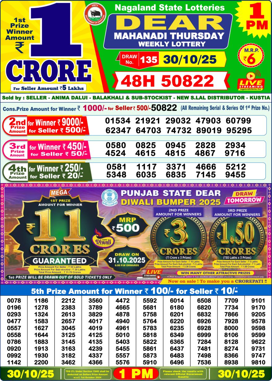 Lottery Sambad 1 PM Result Today 30/10/2025 Dear Morning Live PDF