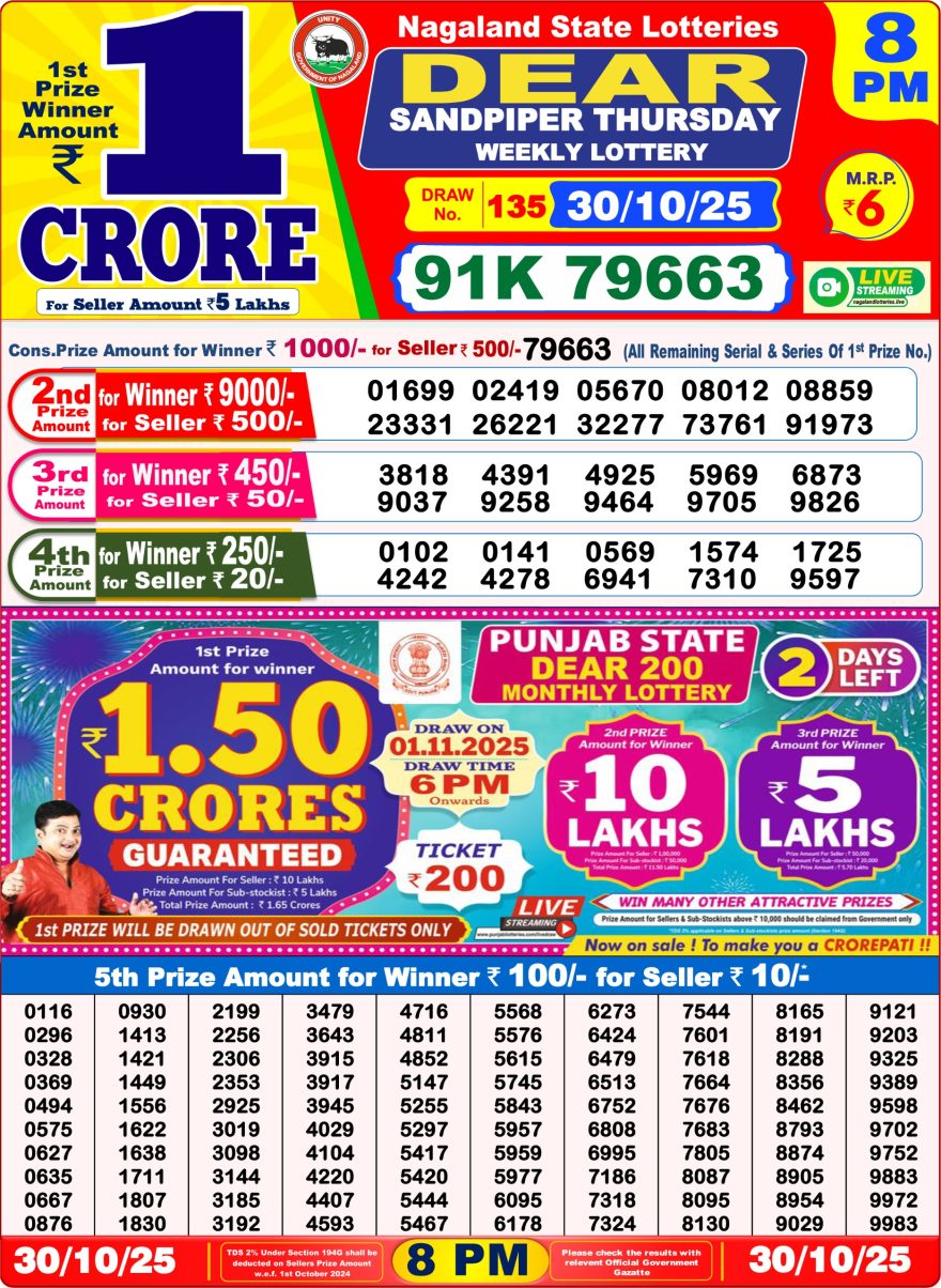 Lottery Sambad 8 PM Result Today 30/10/2025 Dear Night Live