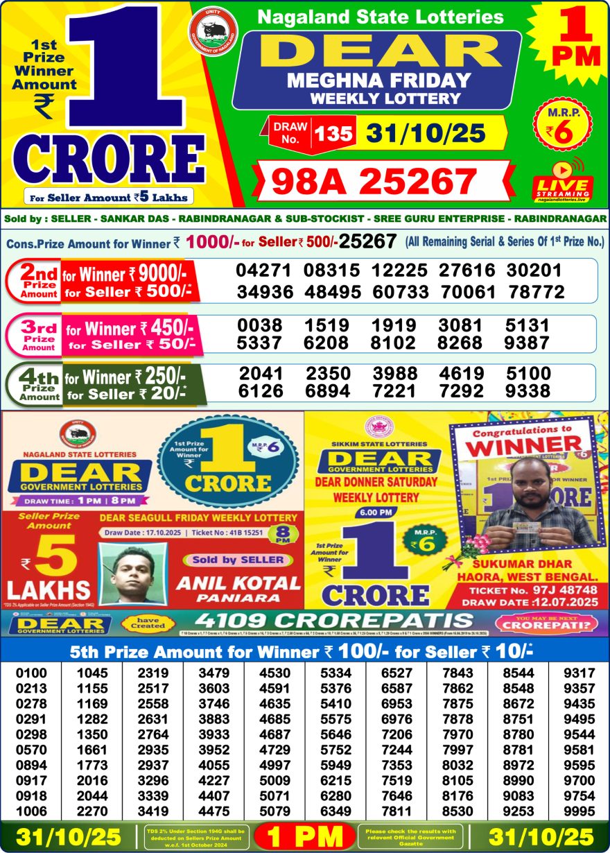 Lottery Sambad 1 PM Result Today 31/10/2025 Dear Morning Live PDF