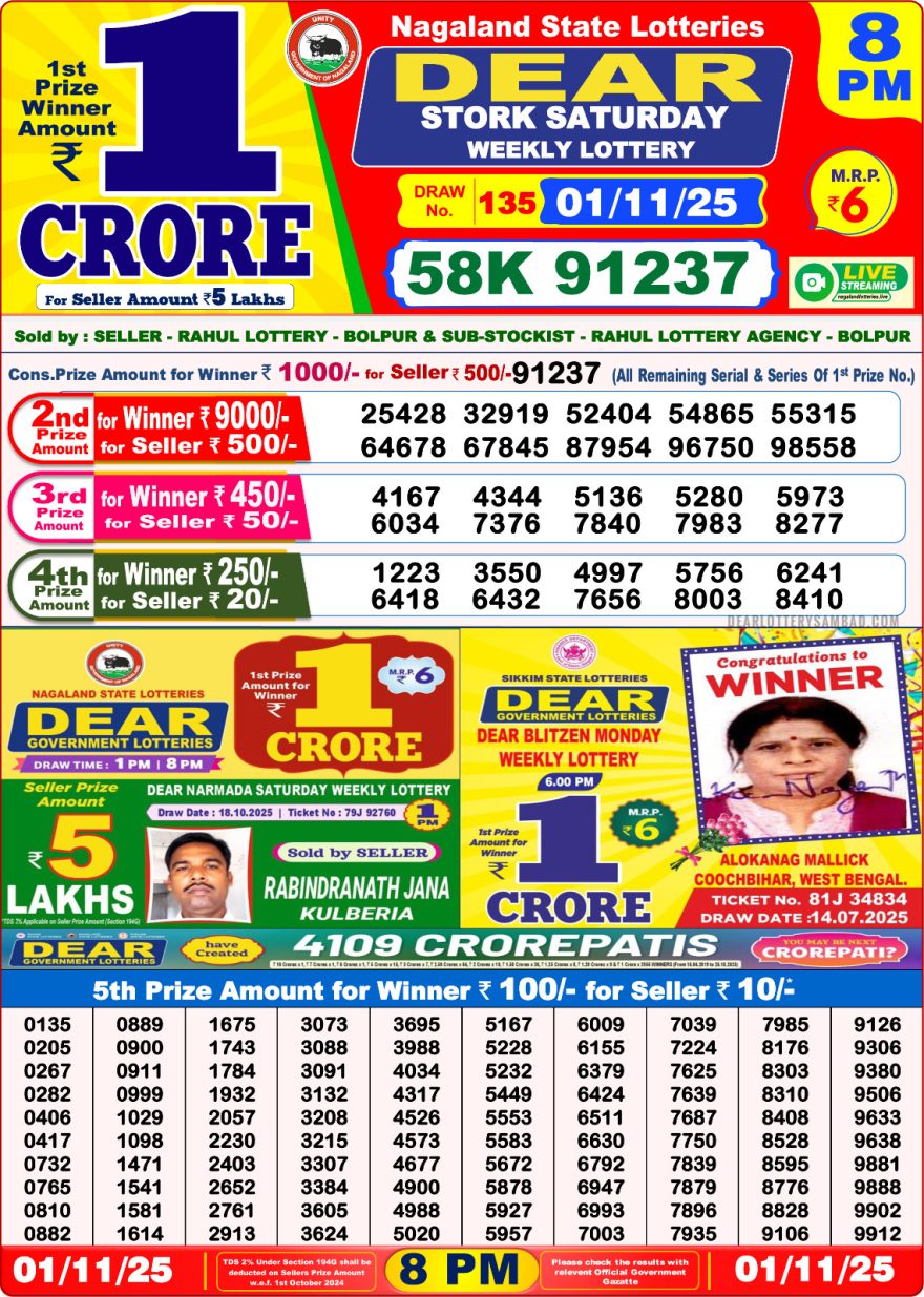 Lottery Sambad 8 PM Result Today 01/11/2025 Dear Night Live