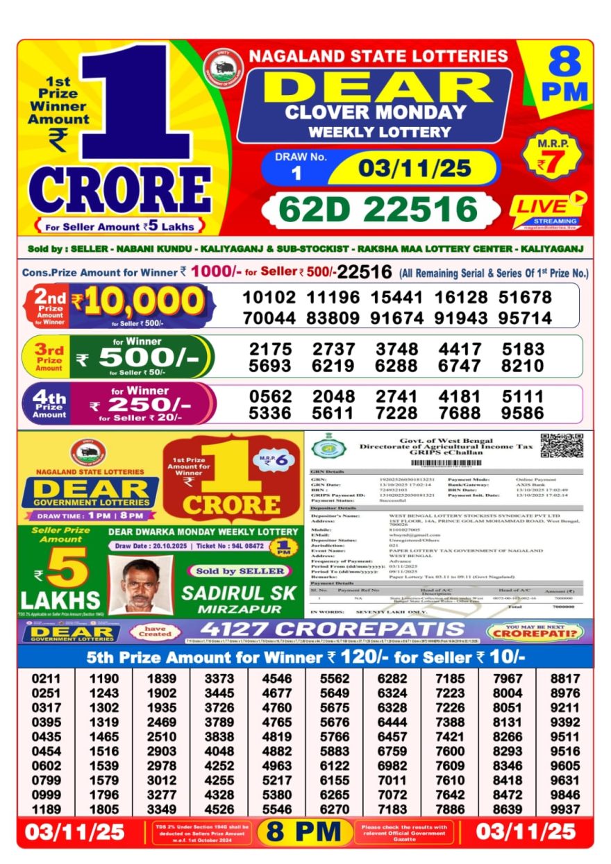 Lottery Sambad 8 PM Result Today 03/11/2025 Dear Night Live