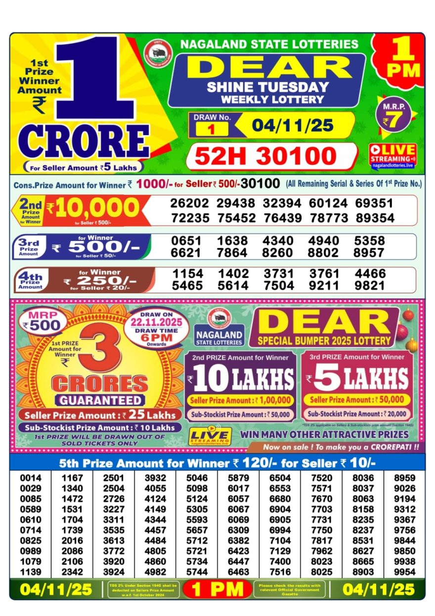 Lottery Sambad 1 PM Result Today 04/11/2025 Dear Morning Live PDF