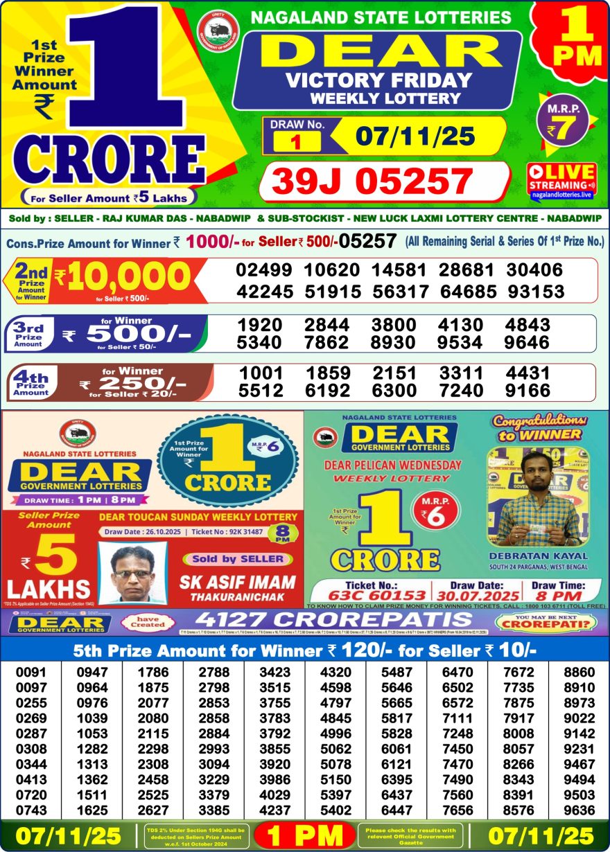 Lottery Sambad 1 PM Result Today 07/11/2025 Dear Morning Live PDF