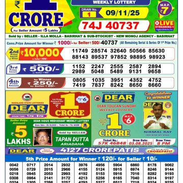 Lottery Sambad 1 PM Result Today 09/11/2025 Dear Morning Live PDF