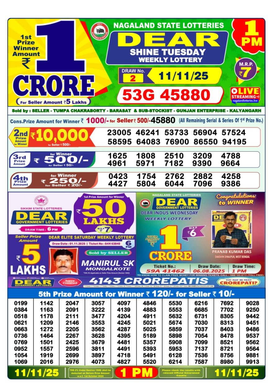 Lottery Sambad 1 PM Result Today 11/11/2025 Dear Morning Live PDF
