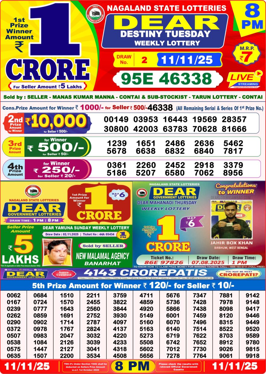 Lottery Sambad 8 PM Result Today 11/11/2025 Dear Night Live