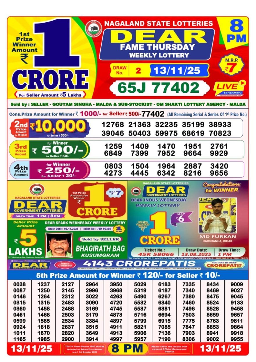 Lottery Sambad 8 PM Result Today 13/11/2025 Dear Night Live