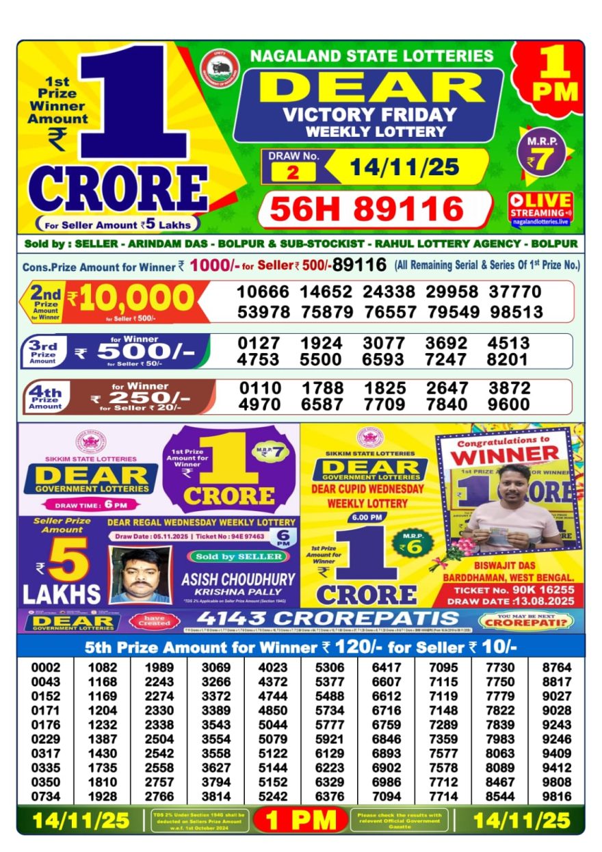 Lottery Sambad 1 PM Result Today 14/11/2025 Dear Morning Live PDF