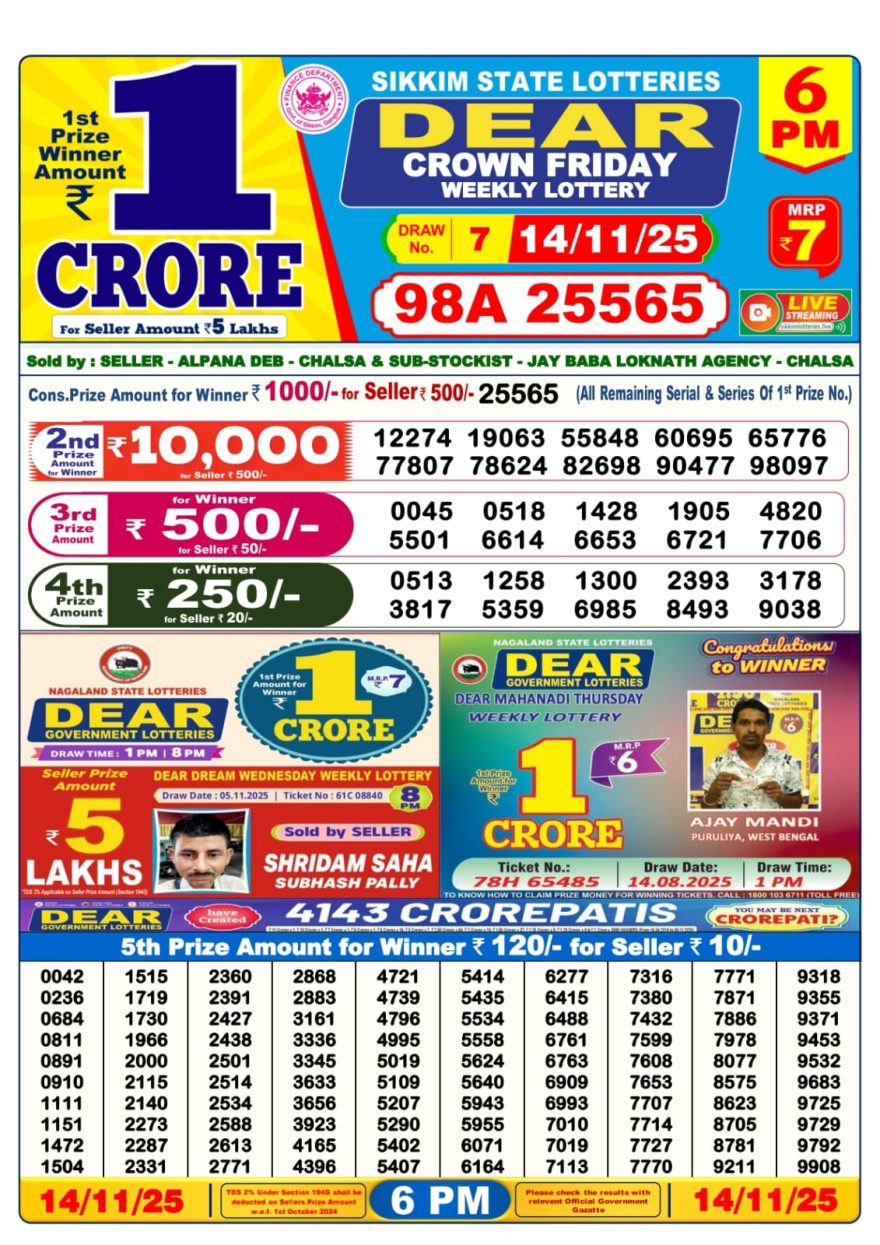 Dear Lottery Sambad 6 PM Result Today 14/11/2025 Sikkim State