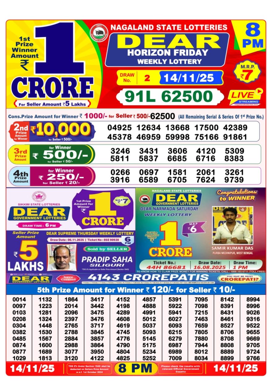 Lottery Sambad 8 PM Result Today 14/11/2025 Dear Night Live