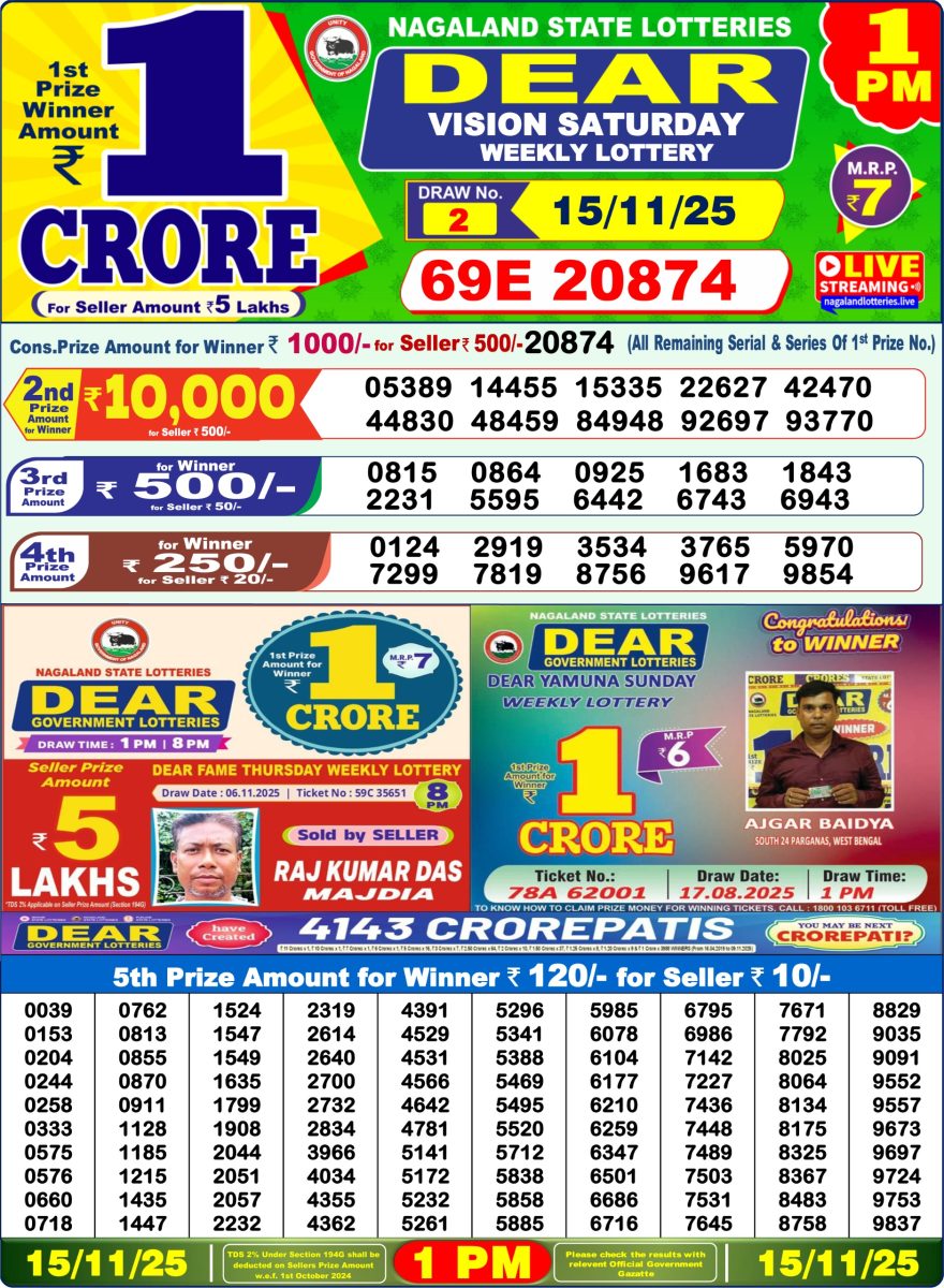 Lottery Sambad 1 PM Result Today 15/11/2025 Dear Morning Live PDF