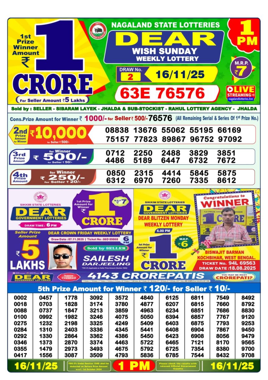 Lottery Sambad 1 PM Result Today 16/11/2025 Dear Morning Live PDF
