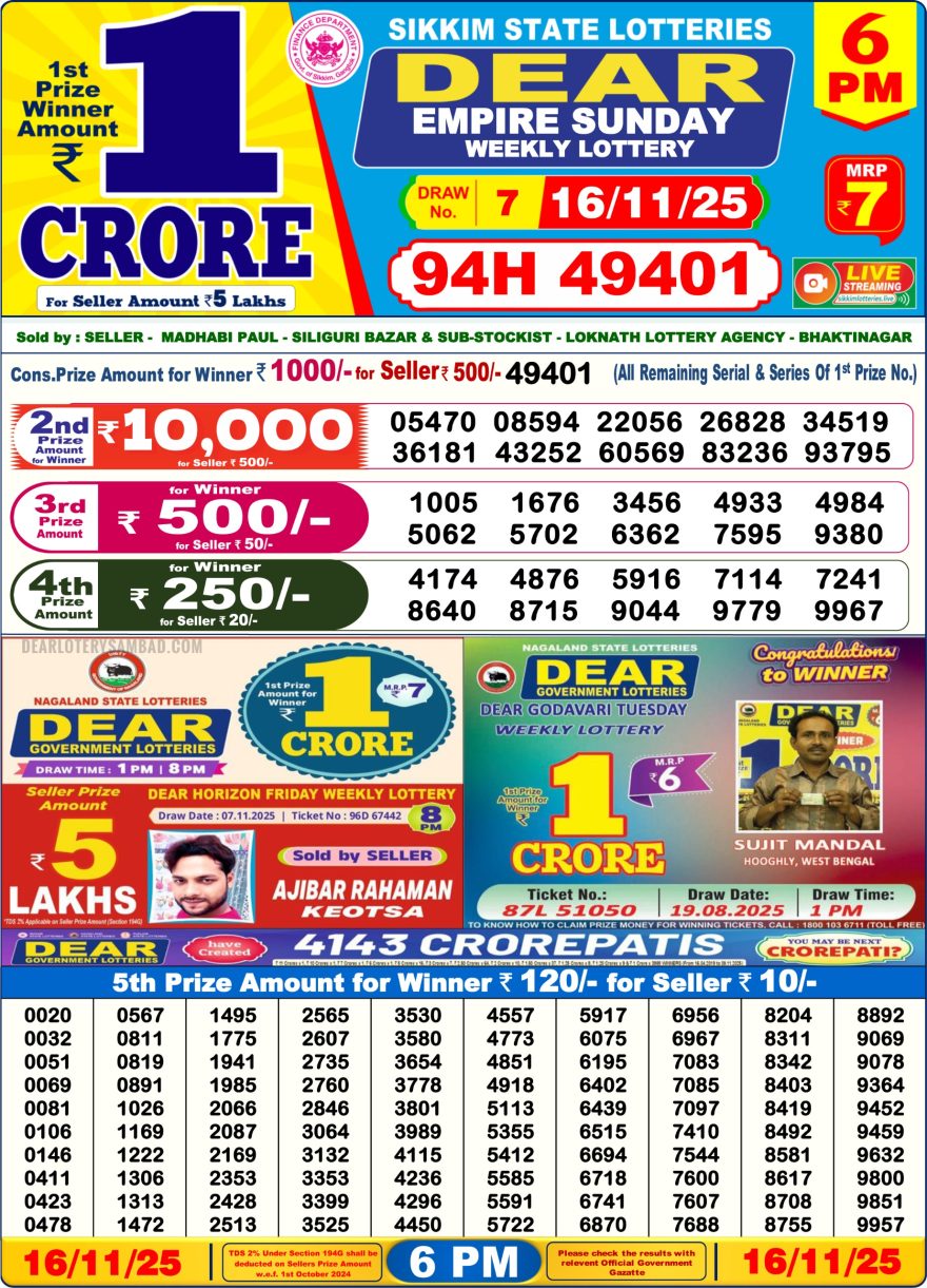Dear Lottery Sambad 6 PM Result Today 16/11/2025 Sikkim State