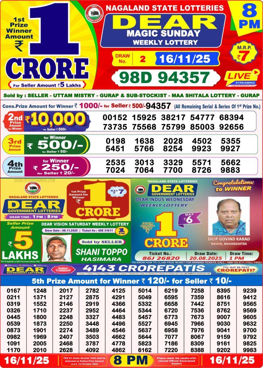 Lottery Sambad 8 PM Result Today 16/11/2025 Dear Night Live