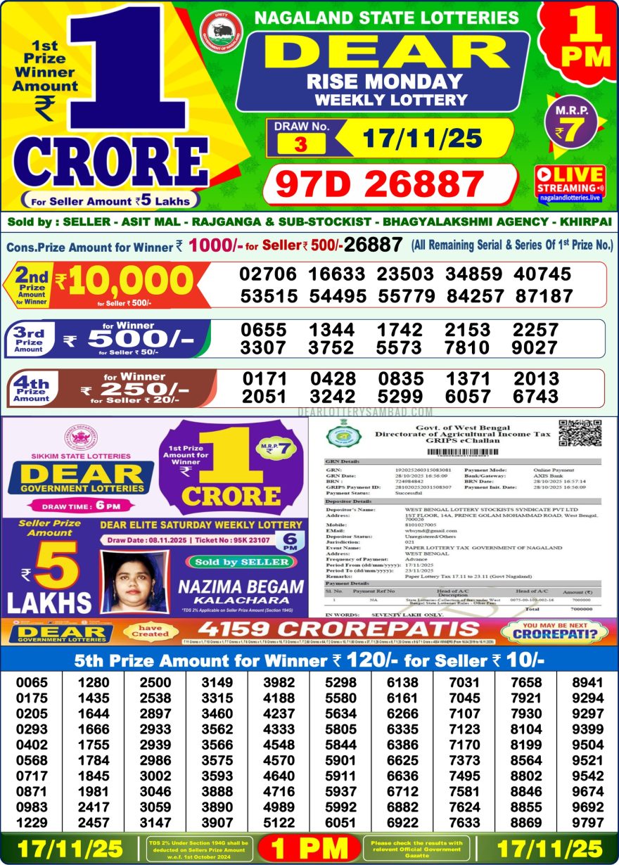Lottery Sambad 1 PM Result Today 17/11/2025 Dear Morning Live PDF