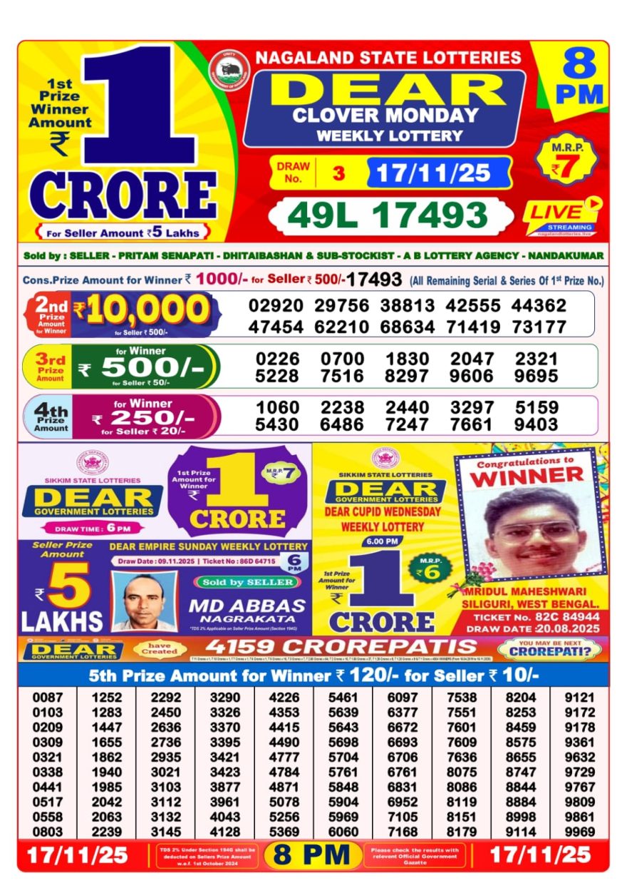 Lottery Sambad 8 PM Result Today 17/11/2025 Dear Night Live