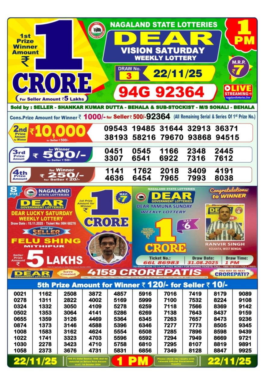 Lottery Sambad 1 PM Result Today 22/11/2025 Dear Morning Live PDF