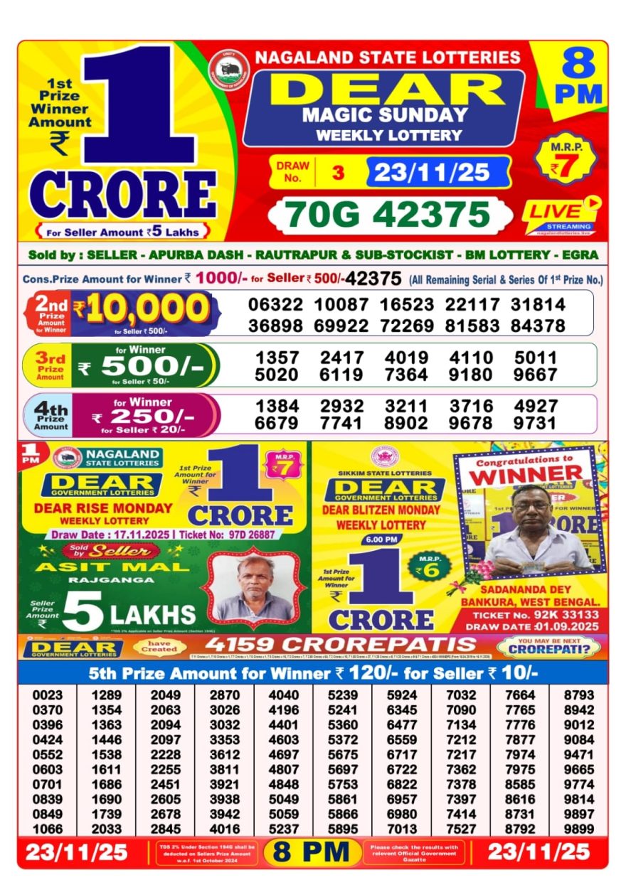 Lottery Sambad 8 PM Result Today 23/11/2025 Dear Night Live