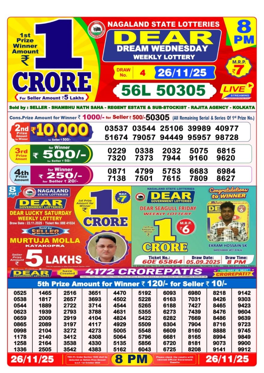 Lottery Sambad 8 PM Result Today 26/11/2025 Dear Night Live