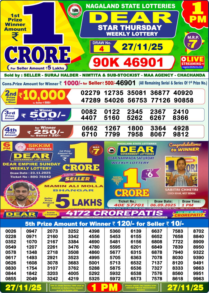 Lottery Sambad 1 PM Result Today 27/11/2025 Dear Morning Live PDF