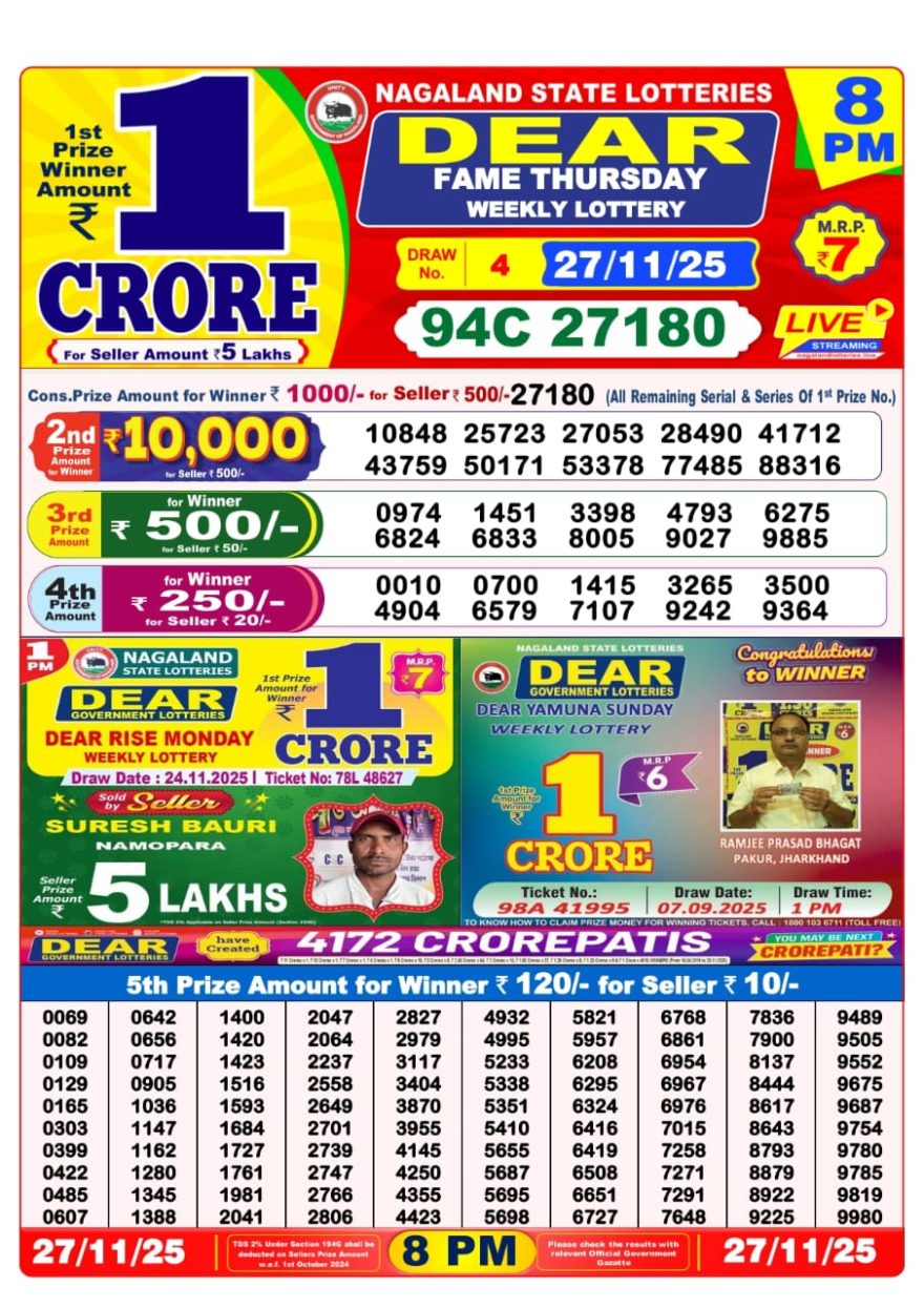 Lottery Sambad 8 PM Result Today 27/11/2025 Dear Night Live