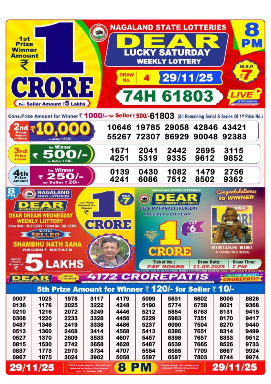 Lottery Sambad 8 PM Result Today 29/11/2025 Dear Night Live