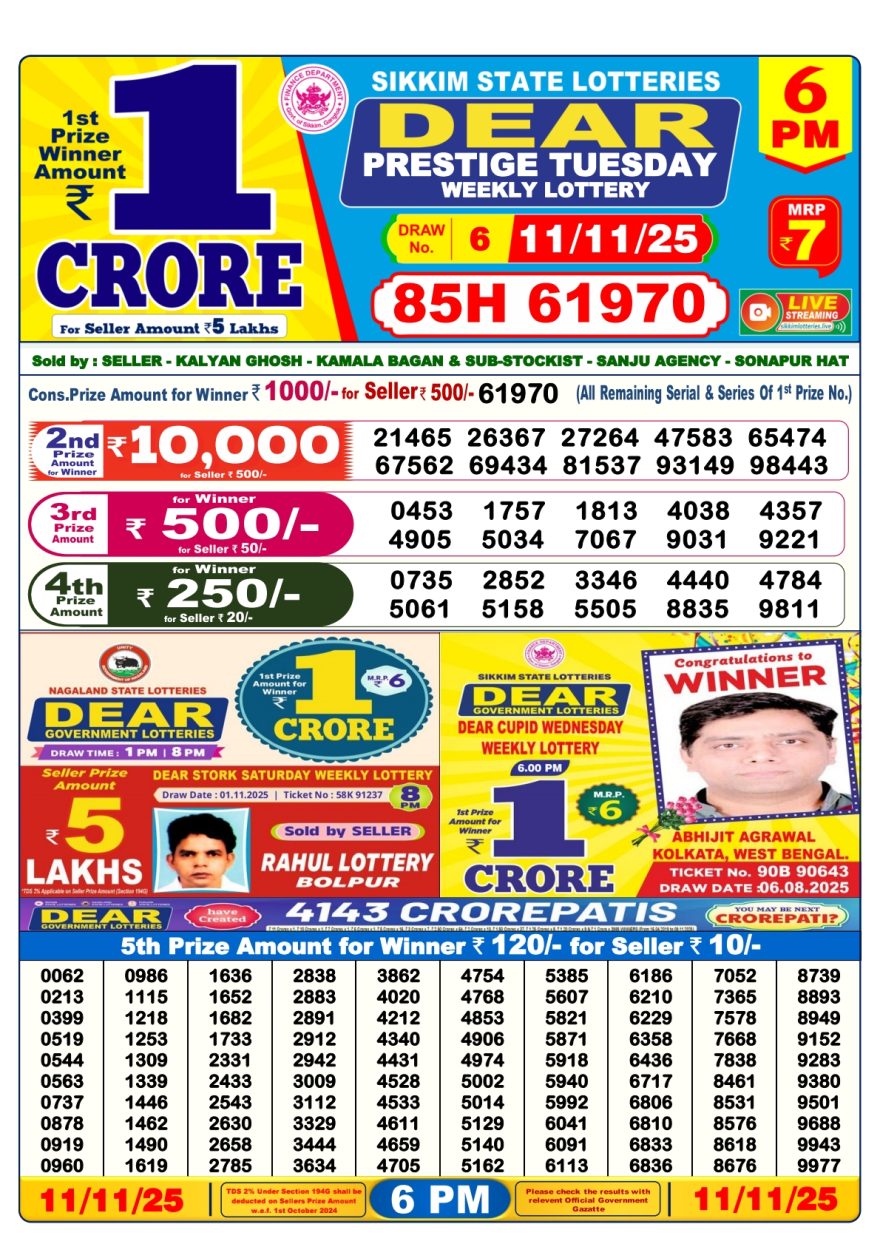 Dear Lottery Sambad 6 PM Result Today 11/11/2025 Sikkim State