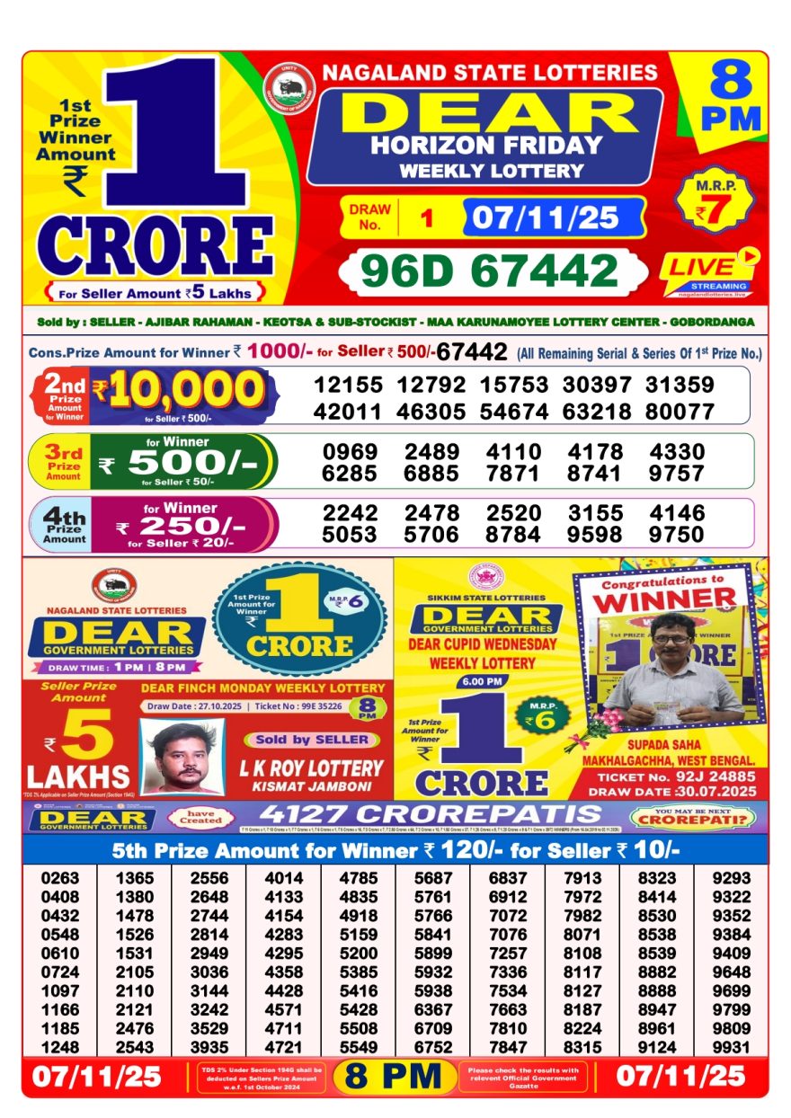 Lottery Sambad 8 PM Result Today 07/11/2025 Dear Night Live