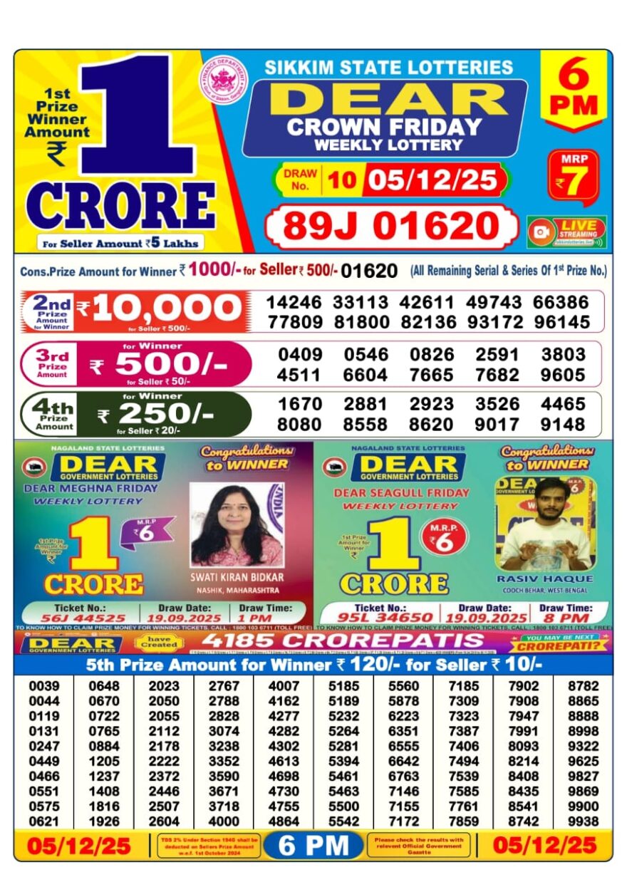Dear Lottery Sambad 6 PM Result Today 05/12/2025 Sikkim State