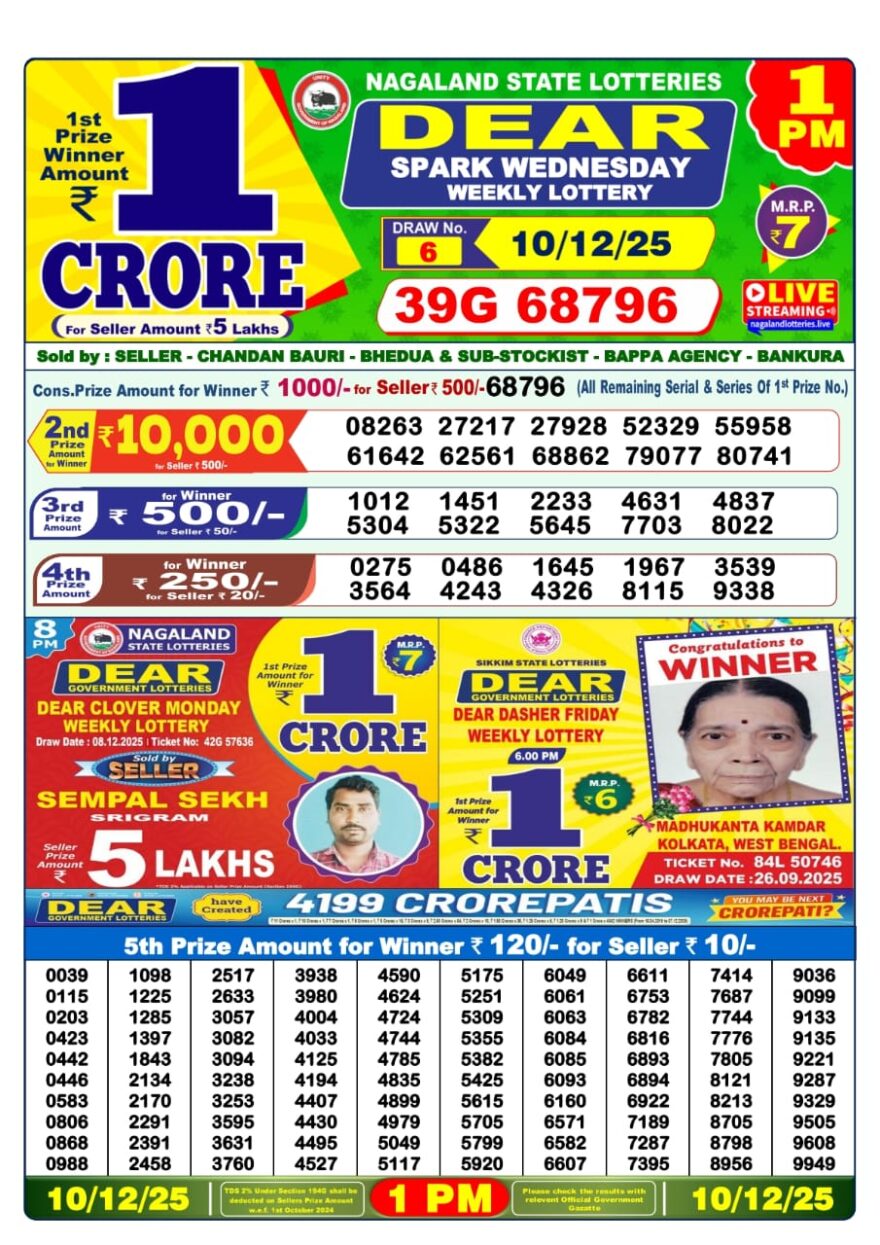Lottery Sambad 1 PM Result Today 10/12/2025 Dear Morning Live PDF