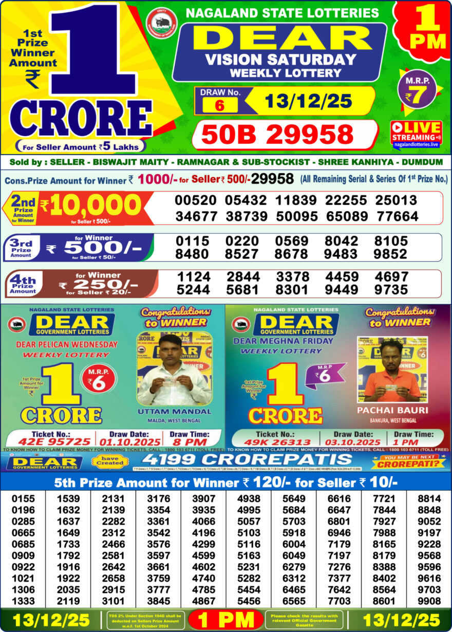 Lottery Sambad 1 PM Result Today 13/12/2025 Dear Morning Live PDF