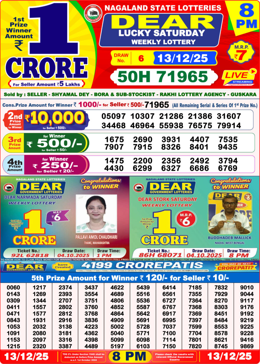 Lottery Sambad 8 PM Result Today 13/12/2025 Dear Night Live