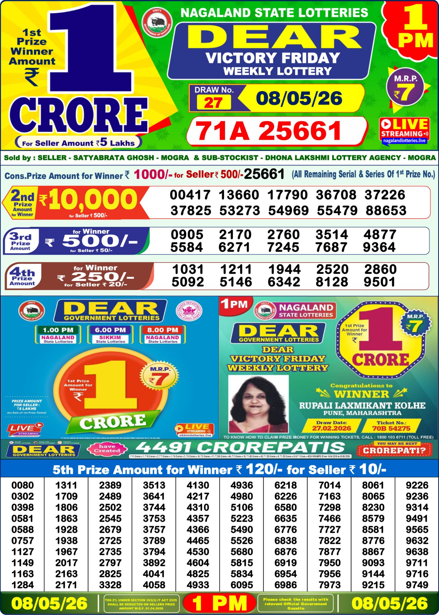 Dear Lottery 1PM Result