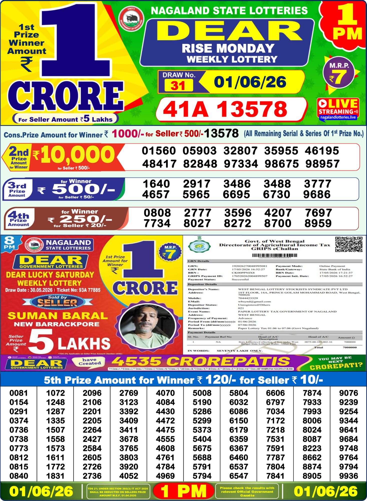 Dear Lottery 1PM Result