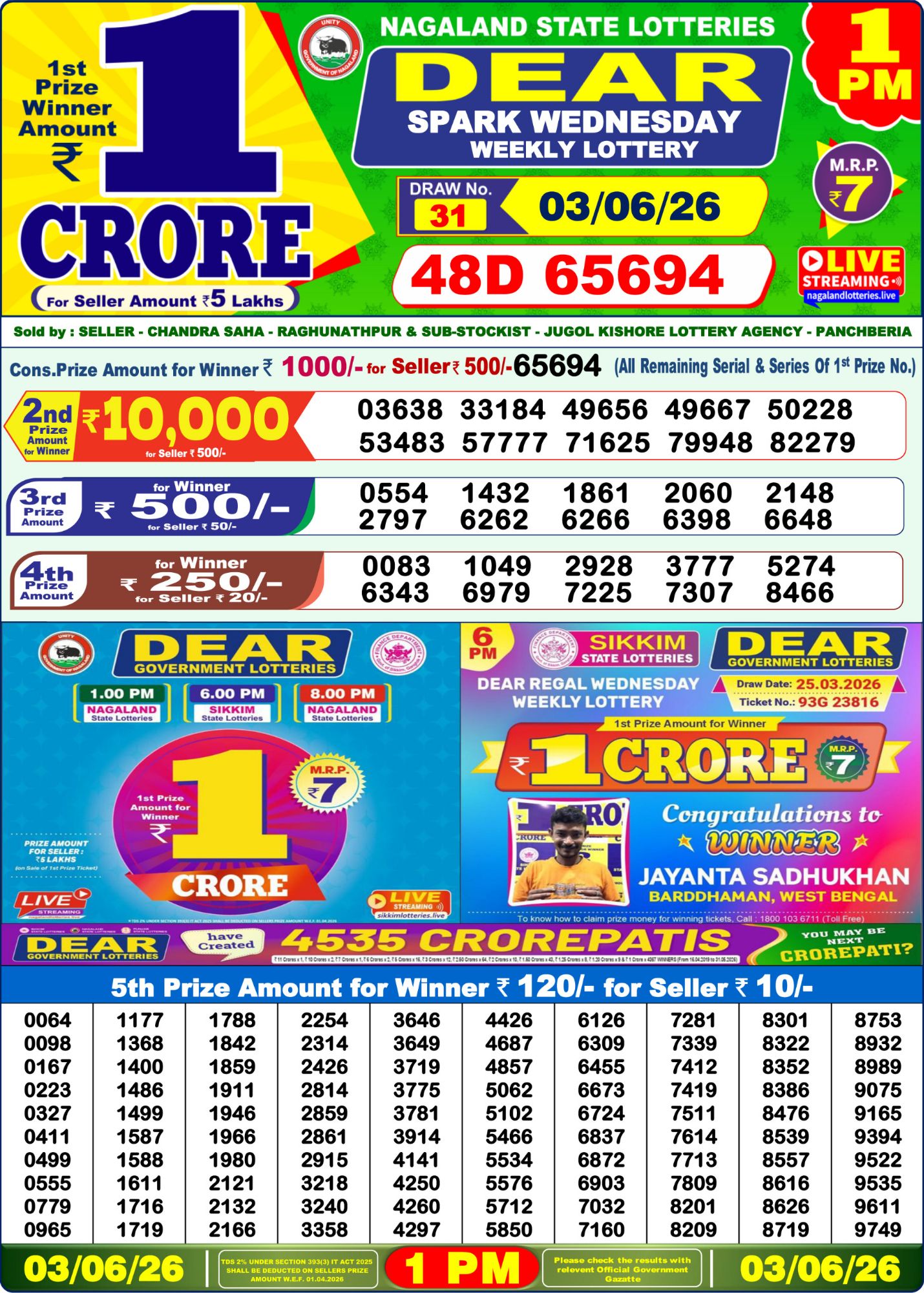 Dear Lottery 1PM Result