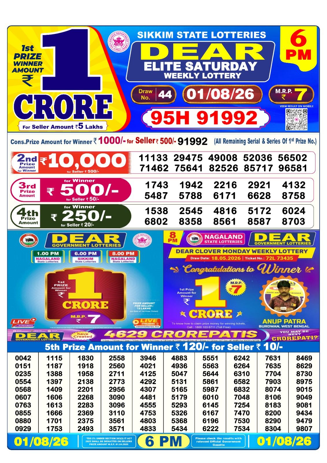 Dear Lottery 6PM Result