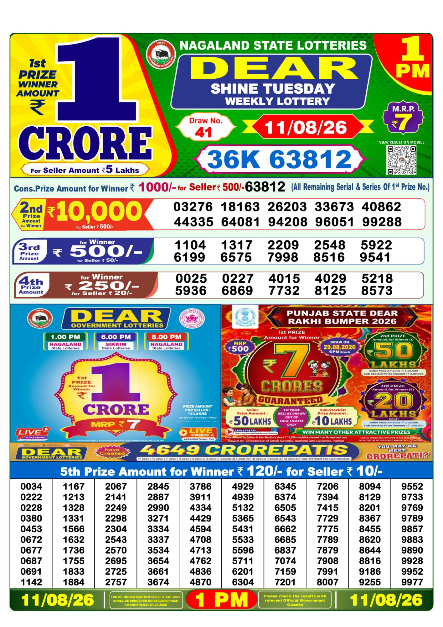 Dear Lottery 1PM Result