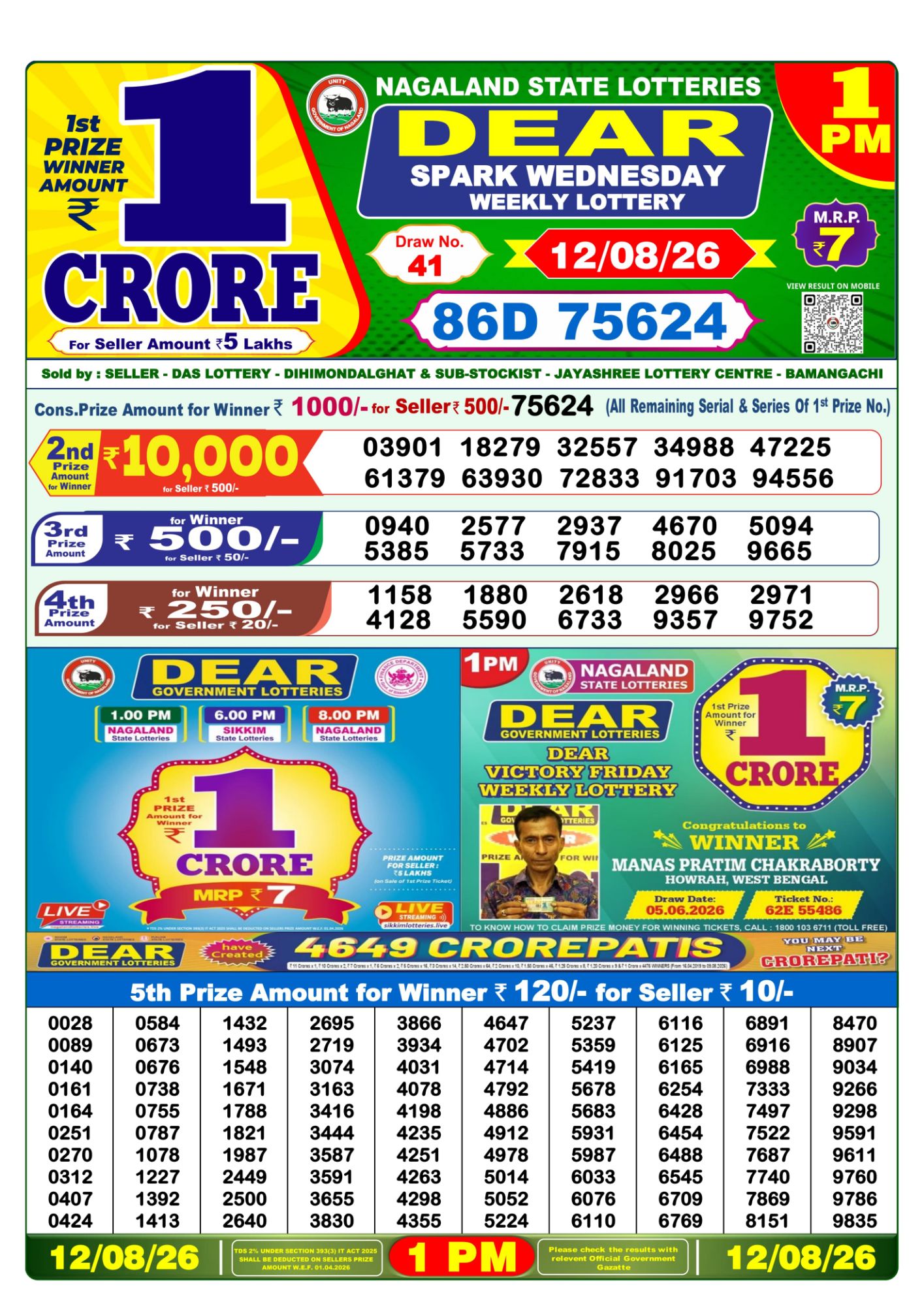 Dear Lottery 1PM Result