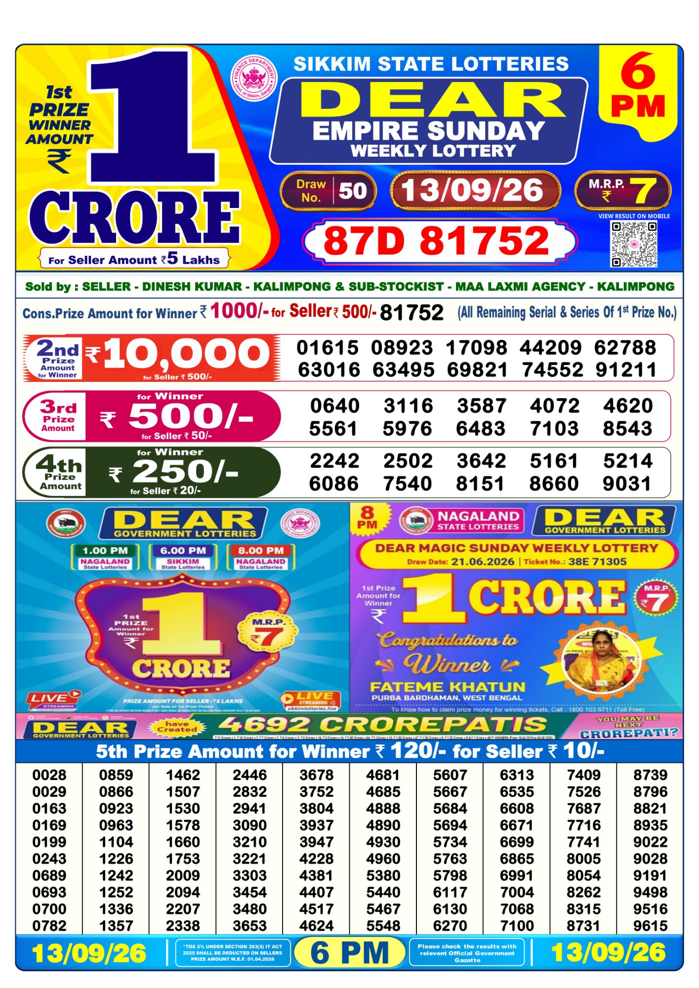 Dear Lottery 6PM Result